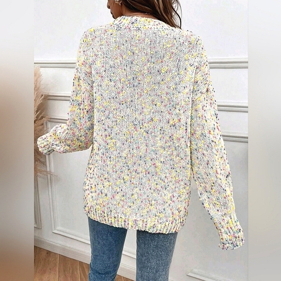 New Boho Confetti Rainbow Knit Sweater Top Pullover White Pink Blue Yellow - Picture 4 of 8